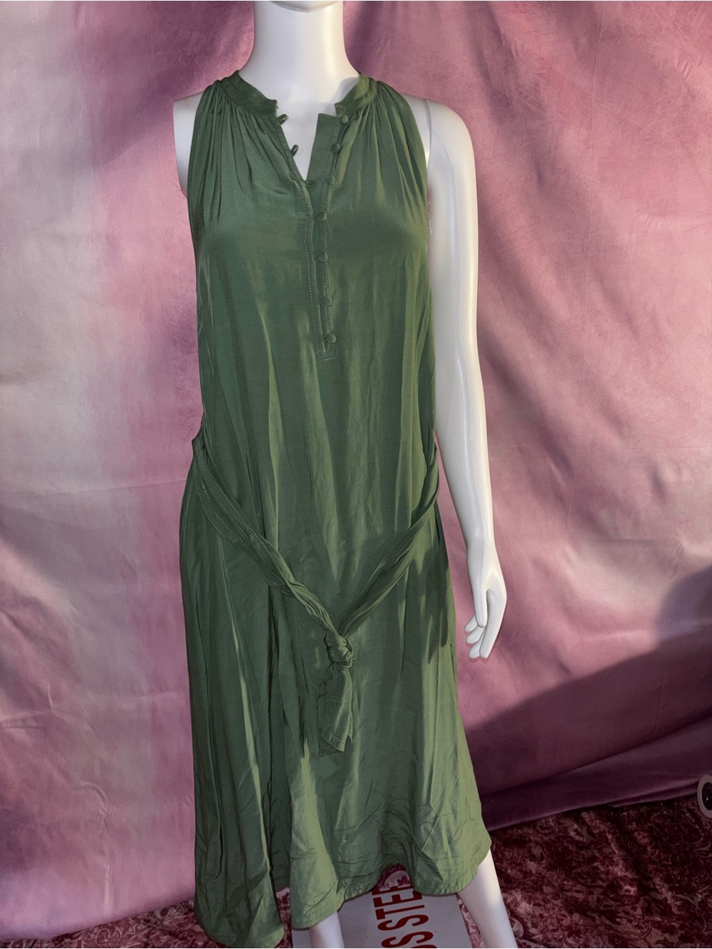 Ann Taylor Olive Green Sleeveless Tie-Waist Slip Dress